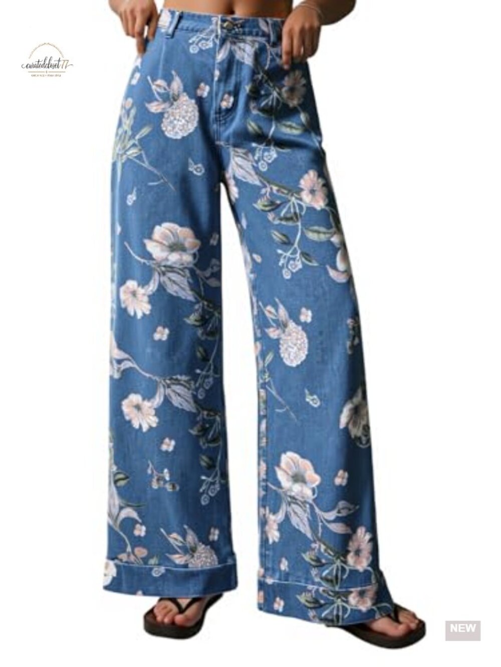 Floral Baggy Wide Leg High Waisted Denim Jeans Boho Print Cotton Blend Relaxed - Picture 1 of 6